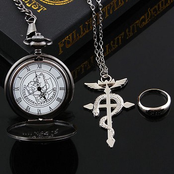 Fullmetal Alchemist anime pocket watch+necklace+ring a set