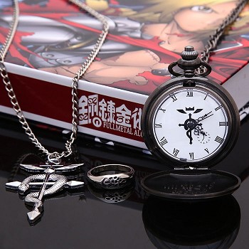 Fullmetal Alchemist pocket watch+necklace+ring a set