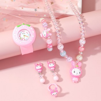 Cartoon Unicorn Snap Watch + Cute Rainbow Beaded Crown Jewelry Set