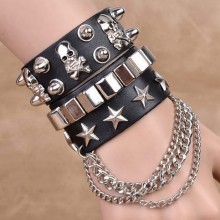 Skull Emo Goth Punk PU Leather Bracelet Metal Chai...