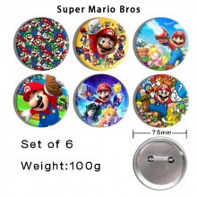 75MM Super Mario anime tinplate brooch pins set(6pcs a set)