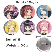 75MM Puella Magi Madoka Magica anime tinplate brooch pins set(6pcs a set)