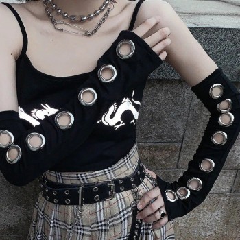 Y2K Aesthetic Gothic Long Gloves Metal Hollow Outsleeves Ninja Sleeves