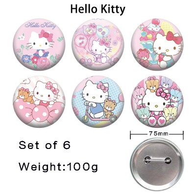 75MM Hello Kitty anime tinplate brooch pins set(6pcs a set)