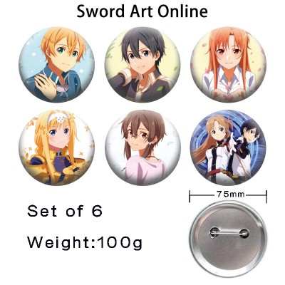 75MM Sword Art Online anime tinplate brooch pins set(6pcs a set)