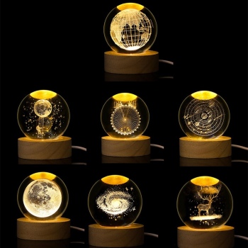 3D Crystal Ball Glass Ball Planet Earth Wooden Base Night Light